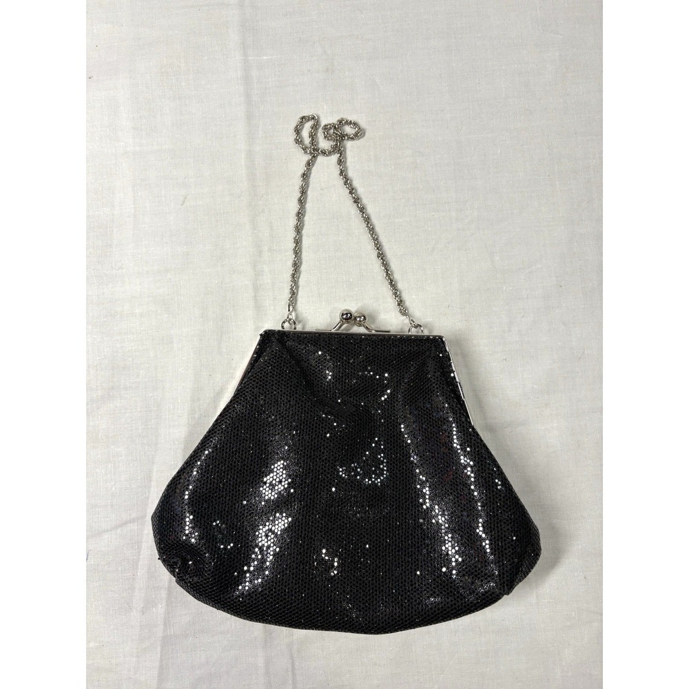 La Regale Black Sequin Evening‎ Bag Silver Kiss Lock Clasp Chain Strap Vintage